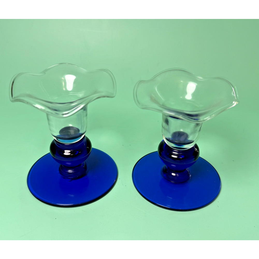 Princess House Crystal Sapphire Cobalt Blue Candle Holders Ruffled Romania Pair